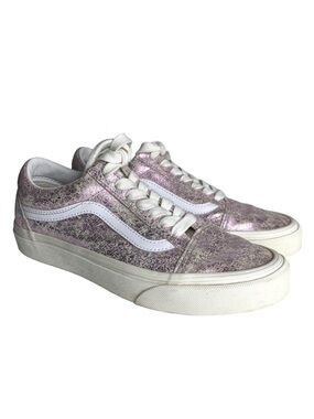VANS Women 7.5 Old Skool‎ Pink Cracked Shimmer Leather Low Lace Up Sneaker Shoes